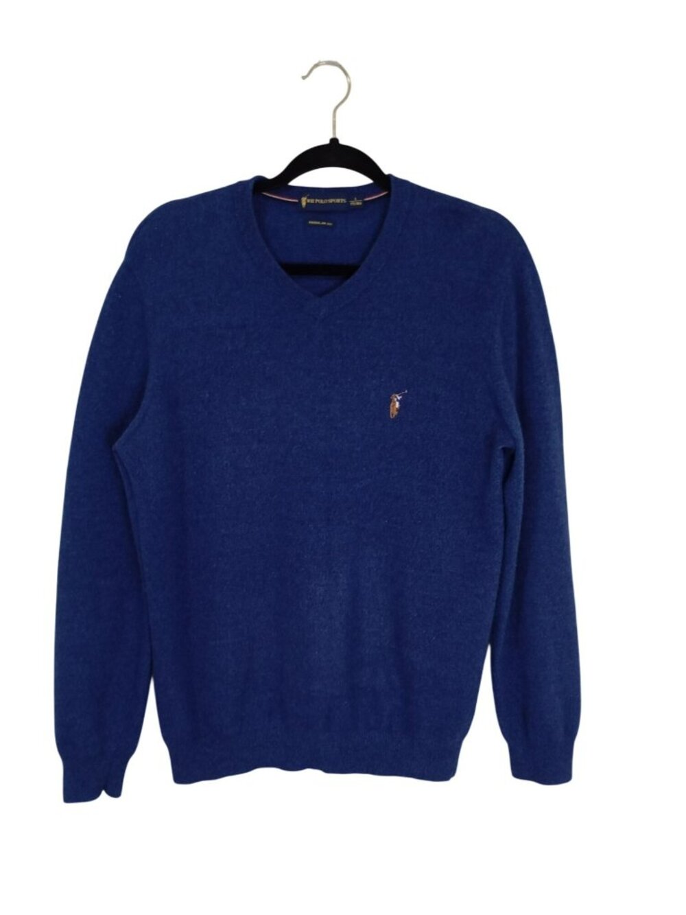 WH Polo Sports Mens Blue Cashmere & Wool V-Neck Sweater Regular Fit Size L